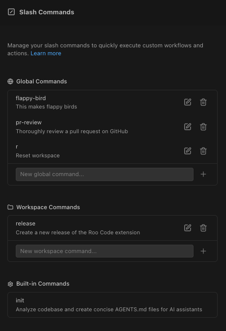 Settings > Slash Commands tab for creating and managing commands