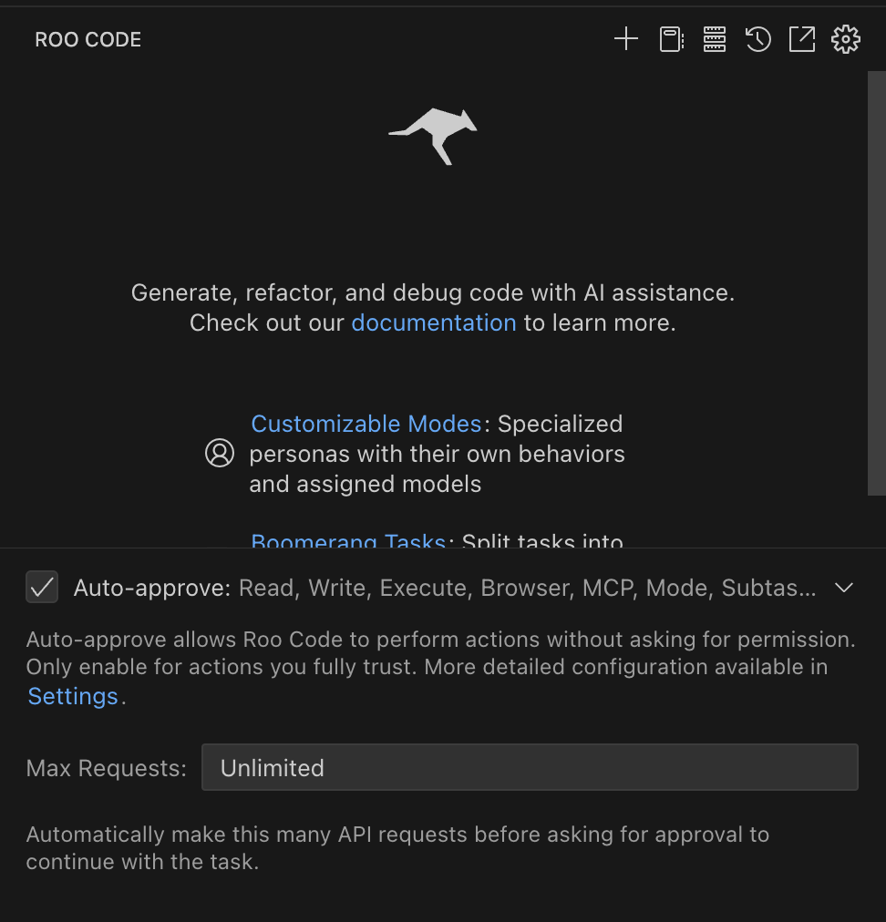 Setting the Max Requests limit for auto-approved actions in Roo Code settings.